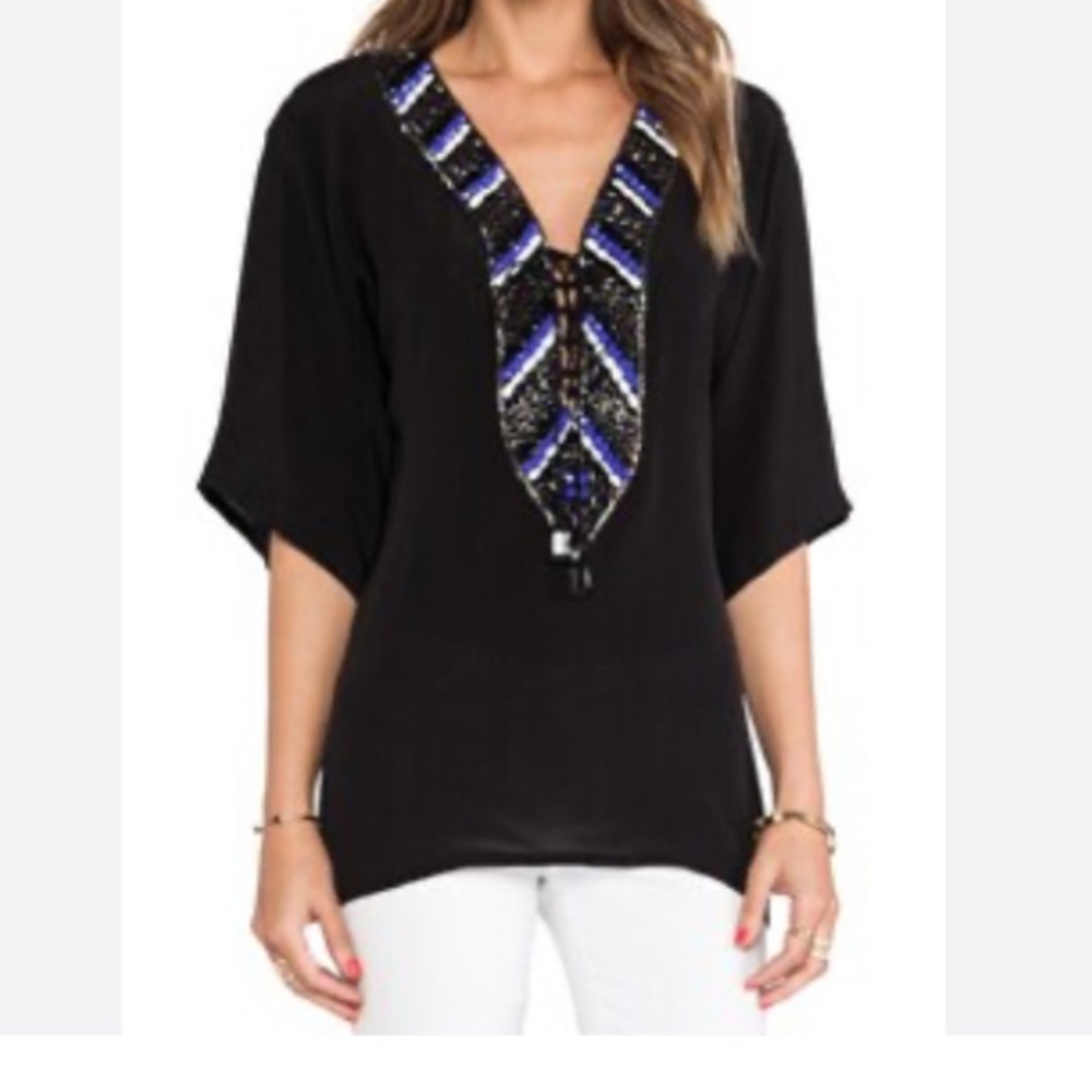 Black, silk Karina Grimaldi blouse, size small. Has beautiful beading in front.
